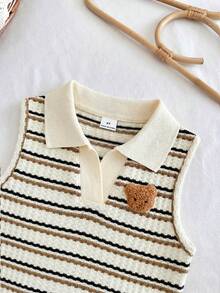 SHEIN Young Girl Knitted Cute Bear Embroidery Striped Casual Polo Vest,Top,Tank Top,Summer Outfits,Baby Girls Clothes,Summer Tops Striped Polo Shirt Striped Tops,Back To School Wear,Daily Wear. - Apricot - View 2