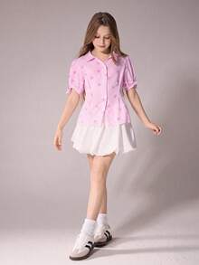 Sparklyn 女童休闲格子蝴蝶结短袖衬衫，柔软时尚设计，适合夏季度假、旅行、上学和日常穿着。 - 粉色 - 查看 3