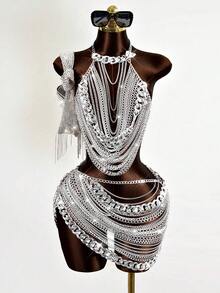 Mistrie Women's Sexy Sheer Chain Rhinestone 2 Pieces Set, Autumn/Winter - Silver - View 8