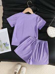 SHEIN Genkimix Kids 女童时尚可爱爱心刺绣针织短袖T恤套装，适合休闲、运动、户外、度假等场合 - 紫色 - 查看 2