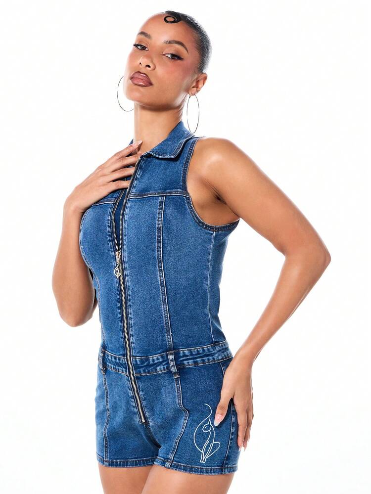 BABYPHAT Women's Collared Zip Front Denim Shorts Jumpsuit With Logo Print Summer Casual Romper