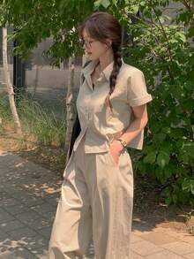 DAZY Women's Short Collared Top And High Waist Wide Leg Pants Set, Straight Loose Casual Long Trousers, Summer - Apricot - View 5