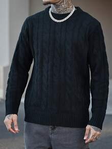 Devon Thys 黑色圆领抽绳提花休闲学院风英伦风套头毛衣，男士春秋冬款，长袖上衣 - 黑色 - 查看 3