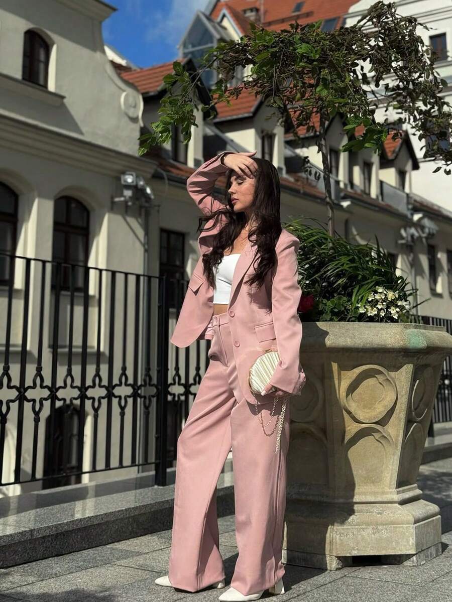 ORNATELLA 2pcs Women's Mellard Color Business Suit Set: Blazer Jacket + Straight Leg Pants - Pink - View 1