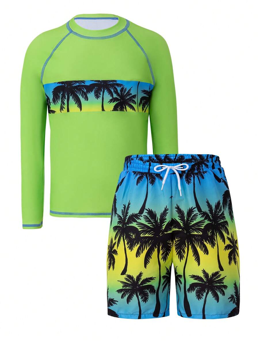 SHEIN Tween Boys 2-Piece Swimwear Set: Long Sleeve Rash Guard Top With Gradient Palm Tree Print, Paired With Loose Fit Gradient Palm Tree Print Swim Trunks With Drawstring Waist. Suitable For Summer Vacation, Beach, Pool, Holiday Party - Green - View 1