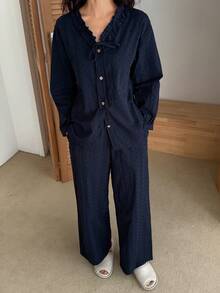 DAZY Conjunto de pijama de mujer con cuello de volantes fruncidos de tela con textura de lunares - Azul - Ver 6