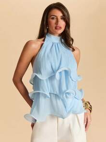 SHEIN BAE Blue Sleeveless Ruched Ruched Hem Camisole Top, Blue Summer Shirt, Pleated Blouse - Blue - View 4