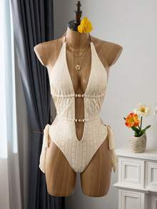 SHEIN Swim Mod 女士连体蕾丝提花网纱面料串珠泳衣，颈部和腰部系带，适合海滩和度假穿着 - 米色 - 查看 6