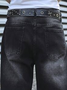 Manfinity EMRG Men's Black Distressed Patch Loose Wide Leg Jeans, Streetwear - Black - View 5