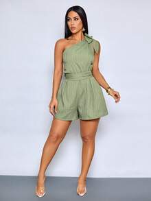 SOLERSUN Bộ áo liền quần nữ phong cách Boho đi biển mùa xuân hè mới, kẻ sọc màu ô liu, lệch vai, có chi tiết nơ, thắt lưng và túi, thích hợp cho bữa ăn trưa ngoài trời, vải dệt họa tiết sóng biển, áo liền quần nữ cho các sự kiện ngoài trời buổi tối và các chuyến đi nghỉ dưỡng. - màu xanh lá - Xem 4
