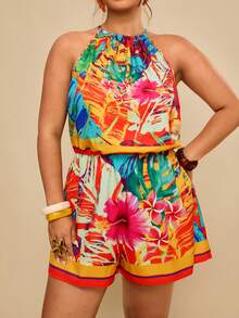 Travachic 大码女式热带植物印花时尚吊带连体裤 - 亮橙色 - 查看 5