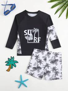 男童长袖树叶印花泳裤沙滩度假防晒泳衣套装 - 黑色 - 查看 3