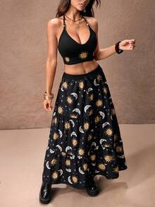 ROMWE PETITE Star & Moon Black Sleeveless Crop Top And Ruffle Hem Skirt 2-Piece Set For Women - Black - View 6