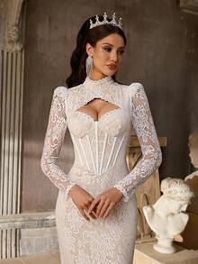 Aureia Elegant Lace Mermaid Wedding Dress With Stand Collar, Ruffled Hem, Sheer Lace Details, And Long Train - White - View 6