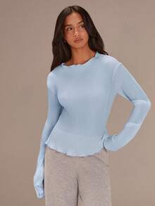 Athîral 女士纯色长袖休闲褶皱衬衫 - 淺藍色 - 查看 7