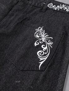 Manfinity Denimwave Men's Floral Embroidery Pattern Casual Versatile Daily Wear Denim Wide Leg Pants - Black - View 8