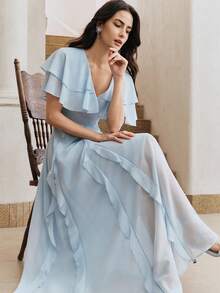 Anewsta 女士新款优雅蓝色多层裹身连衣裙，收腰设计，飘逸下摆，长款连衣裙，适合派对和度假穿着 - 藍色 - 查看 1