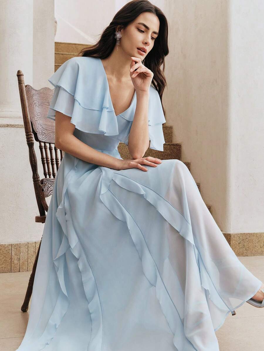 Anewsta 女士新款优雅蓝色多层裹身连衣裙，收腰设计，飘逸下摆，长款连衣裙，适合派对和度假穿着 - 藍色 - 查看 1