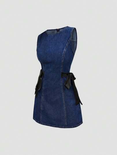 Sweetra Women's Fashion Casual Elegant Versatile Side Knot Sleeveless Denim Dress