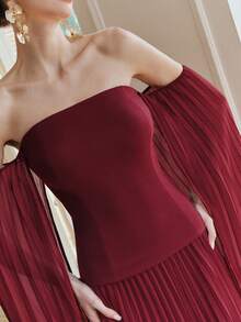 Anewsta 女士长袖酒红色长款褶裥A字连衣裙，优雅正式礼服，适合婚礼、派对、宴会等场合 - 酒紅色 - 查看 3