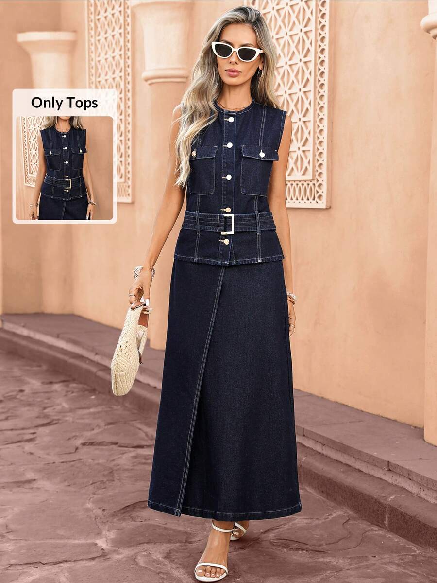 Selianne Women's Single-Breasted Round Neck Utility Pocket Casual Denim Vest - Dark Wash - View 1