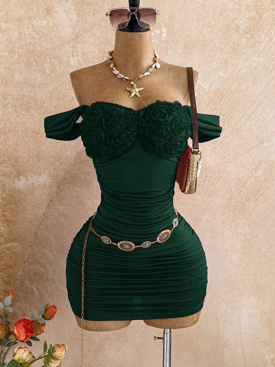 Soleia Women's 3D Floral Decor Off Shoulder Ruched Fitted Mini Dress,Summer Dress,Vacation Dress - Green - View 1