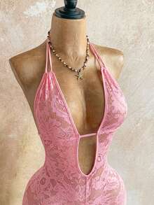 Soleia Bộ jumpsuit ren phối nhiều mảnh gợi cảm, buộc dây cổ, hở lưng dành cho nữ, thích hợp cho hẹn hò và tiệc tùng. - Hồng - Xem 6