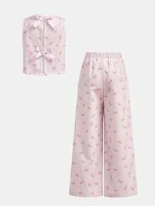 SHEIN 2件套女童粉色蝴蝶结条纹吊带背心和短裤套装，休闲日常时尚百搭装 - 粉色 - 查看 9