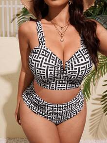 Swim Vcay Plus Size Women 2pcs/Set Random Print Casual Swimwear Set - Multicolor - View 3