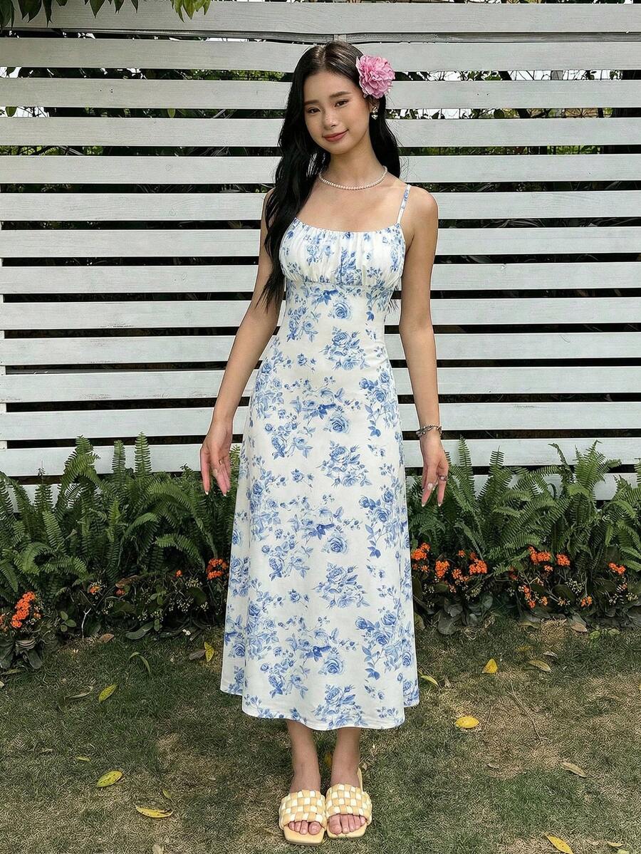 SHEIN 少女休闲吊带碎花连衣裙 - 藍白色 - 查看 1