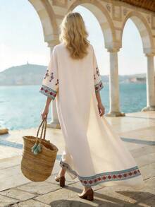 Balvessa 女士印花V领七分袖宽松长连衣裙，度假风 - 彩色 - 查看 2