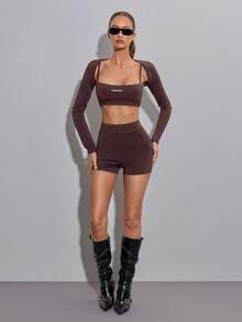 SHEIN ICON 2026 New Arrive 3pcs/Set Women Casual Spaghetti Strap Shorts And Crop Top,Spring&Summer - Brown - View 7