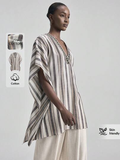 Ontre 2026ss Women's Multi-Color Striped Fabric Comfortable Soft High-End Material Viscose Blend Loose Fit V-Neck Batwing Sleeve Knit Trim Accent Decor Modern Urban Business Casual Office Commuter High-Quality Airport Casual Low-Key Vintage High-End Cruise Wear Middle East Minimalist Luxurious Feel Essential Outfit Fashion All-Season Versatile Minimalist Series Women Short Dress Beach Clothing, All Season  Ins Celebrity Same Style Vacation Style, Exotic Atmosphere, Country Concert, Western Style