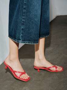 Sandalias de mujer de verano con punta cuadrada, chanclas con tacón de gatito, sandalias planas versátiles de dedo - Rojo - Ver 5