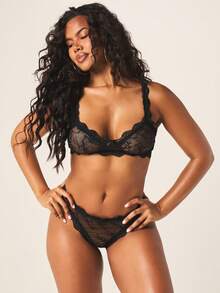 MISSGUIDED Women's Sexy Black Lace Lingerie Set With Sheer Mesh Cups Scalloped Trim Intimate Bralette And Matching Thong Valentine's Gift - Black - View 1