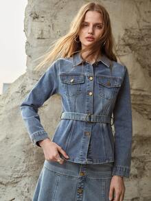 MOTF PREMIUM SPRING/SUMMER DENIM JACKET WITH BELT, FASHIONABLE URBAN CASUAL - Medium Wash - View 4