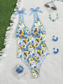 Swim Mod Fresh Blue Striped Contrast Lemon Print Deep V Backless Spaghetti Strap One-Piece Swimsuit, Suitable For Vacation And Beach - Multicolor - View 7