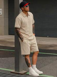 DAZY 男士杏色 Polo 衫和短裤套装，夏季 - 杏色 - 查看 5