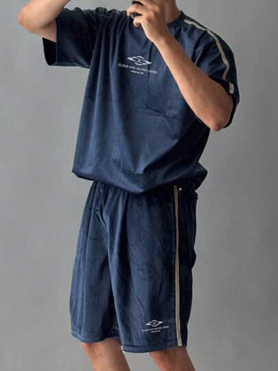 DAZY 男士蓝色字母印花短袖T恤和短裤套装，夏季