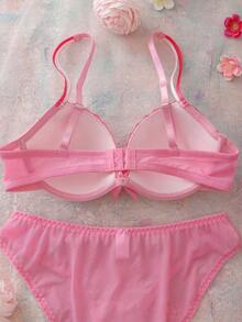 FloralLove 2件套粉色花卉刺绣衬垫文胸套装，高支撑，提拉聚拢，浪漫田园风格女士内衣套装 - 粉色 - 查看 4