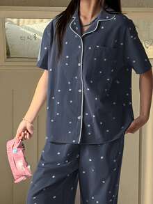 DAZY Tween Girl Tween Girls Heart Print Contrast Trim Loungewear Set, Fall Summer - Navy Blue - View 5