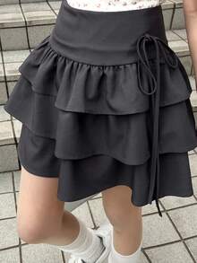 FRIFUL Women's Solid Dark Gray Waistband Side Slit Drawstring Bow Ruffle Hem Layered Pleated Casual Versatile Skirt - Dark Grey - View 3