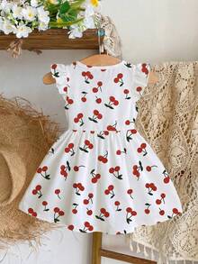 1件女婴连衣裙，适合6个月至2-3岁，白色底红色樱桃印花，短袖设计，蝴蝶结装饰，轻薄面料，可爱柔软，适合夏季休闲穿着。 - 彩色 - 查看 2