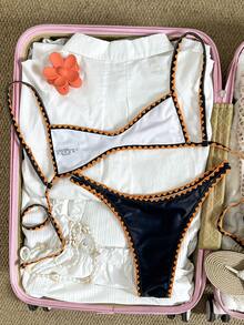 Swim Mod Women's Cream Yellow & Pink Floral Crochet Shell Trim Micro Bikini Set, Spring/Summer - Multicolor - View 2