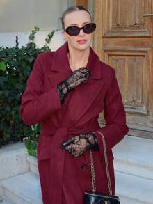 ORNATELLA 女士优雅酒红色中长款系带羊毛混纺大衣，冬季外套 - 酒紅色 - 查看 2