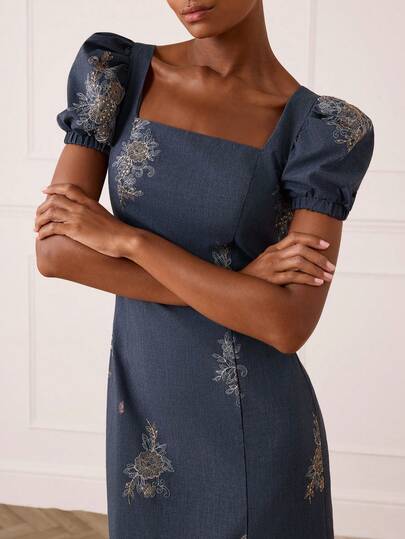 Lilora 女士优雅方领花瓣袖连衣裙