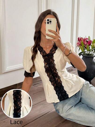 Serisse Women's   French  Elegant  Retro Cream Textured Woven Contrast Black Lace Splicing Puff Sleeve Button Front V-Neck Blouse,Casual Commuter  Shirt, Elegant Women's Blouses ,Summer ,Spring Clothing,Valentine's Day,Perfect For Holiday Outings, Shopping Trips, And Spring Excursions. Ideal For Layering Under Other Garments, Women's Lace Blouse Lace Shirts  Blouse Resort,Boho Top Off The Shoulder Top Going Out Tops Women Casual ,Summer,Carnival Women Look 2026 2026,Summer Holiday Outfits