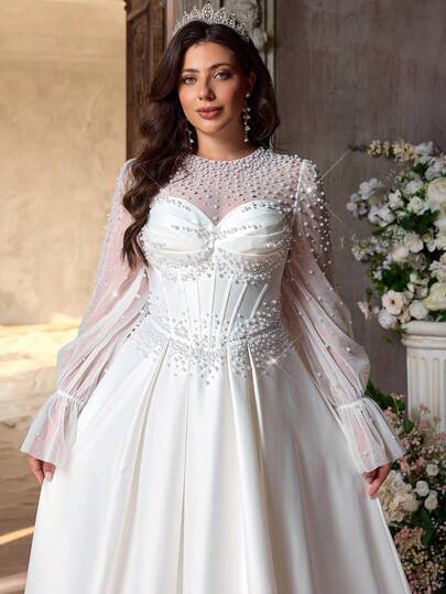 Aureia 大码优雅奢华浪漫白色缎面薄纱袖串珠精致V领腰部褶裥大码婚纱，适合新娘活动