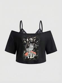 ROMWE Fairycore Talla grande Camiseta de manga corta 2 en 1 con estampado de setas y ranas, verde militar - Negro - Ver 1