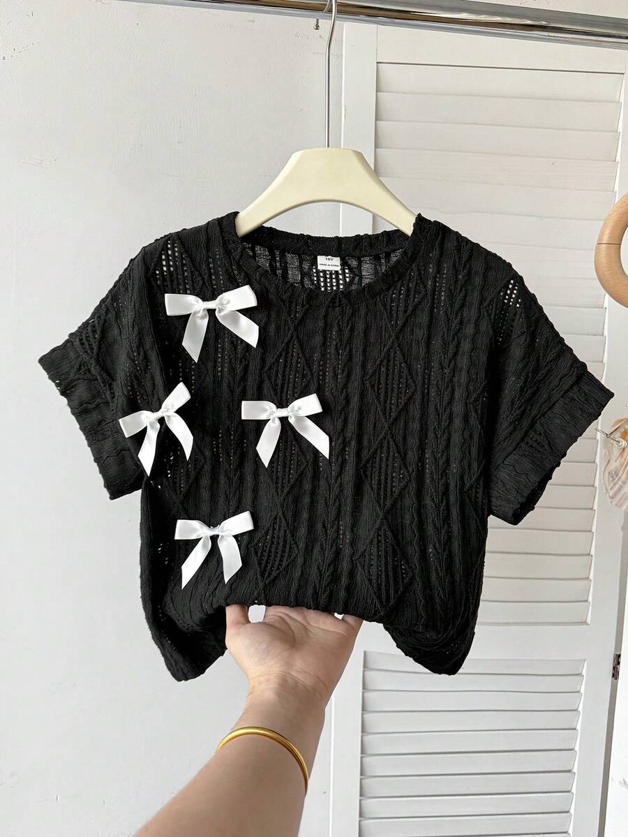 SHEIN Tween Girls Loose Fit Crew Neck Colorblock White Ribbon Bow Decor Textured Fabric Short Sleeve Crop Top - Black - View 1